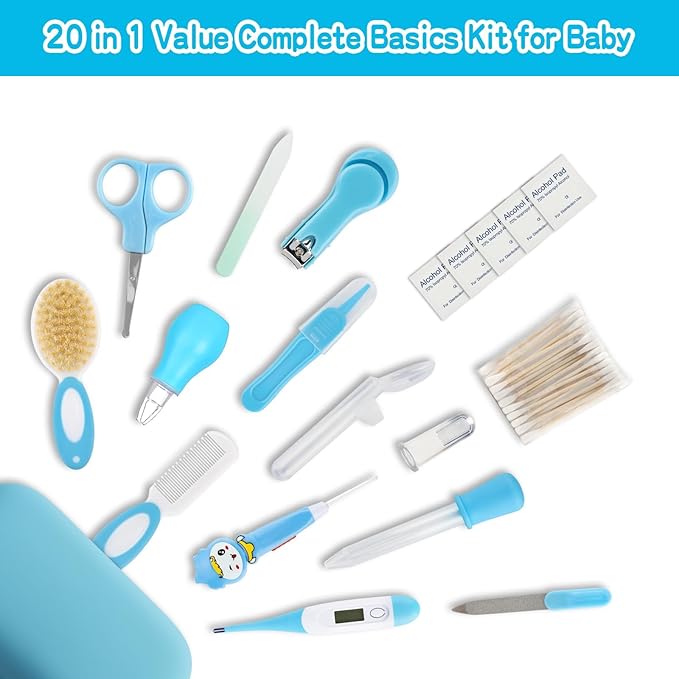 Baby Grooming Kit’╝īInfant Safety Care Setwith Hair Brush Comb Nail (20 PC-Blue