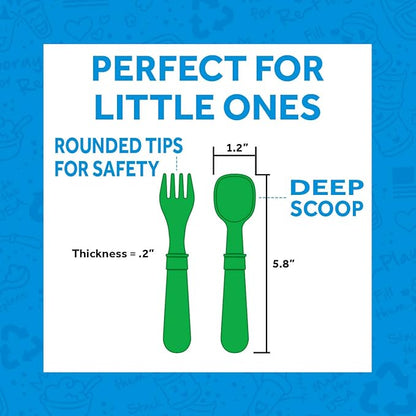 Re-Play Made in USA Toddler Forks and Spoons, Pack of 8 With Carrying Case - 4 Kids Forks with Rounded Tips and 4 Deep Scoop Toddler Spoons - 0.2" Thick Toddler Utensils with Case, Sparkle