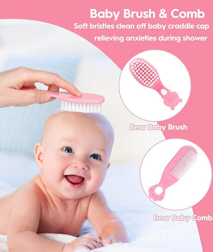 Baby Healthcare and Grooming Kit, Safety Newborn Nursery Baby Care Kit, with Hair Brush Comb, Nail Clipper, Thermometer, Pacifier Clip, Baby Registry Search, Newborn Essentials Girls Boys (Pink)
