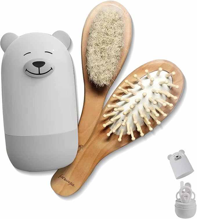 6-in-1 Baby Grooming Set, Natural Wooden Hairbrush and Comb, Nail Clippers,Nail Scissors, Nail File and Tweezers for Kids and Newborns in Nice Gift Box