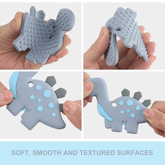 Baby Teething Toys for Babies 3-6 6-12 Months, Dinosaur Teether Pain Relief Toy with One Piece Design Pacifier Clip Holder Set