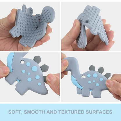 Baby Teething Toys for Babies 3-6 6-12 Months, Dinosaur Teether Pain Relief Toy with One Piece Design Pacifier Clip Holder Set