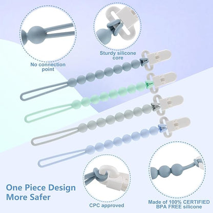 4-Pack Silicone Pacifier Clips with One-Piece Beads for Baby Boys
