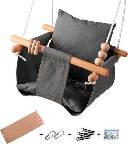 Baby Swing Seat, Secure Canvas and Wooden Hanging Swing Chair for Baby