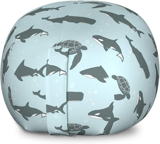 Lunarable Orca Storage Toy Bag Chair, Continuous Pattern of Whale Shark and Turtle Bubbles Aquatic Animals, Stuffed Animal Organizer Washable Bag, Large Size, Blue Grey