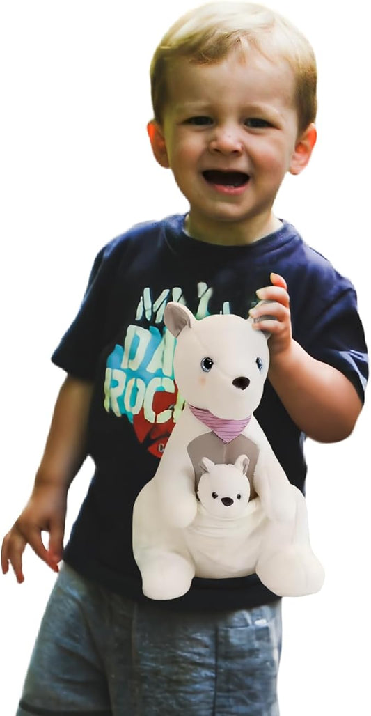 Kangaroo Stuffed Animal Plush Doll - Mother Kangaroo with Removable Child Kangaroo Plushies, Adorable Plushie for Ages 3 and Up (White,10.23 inch)