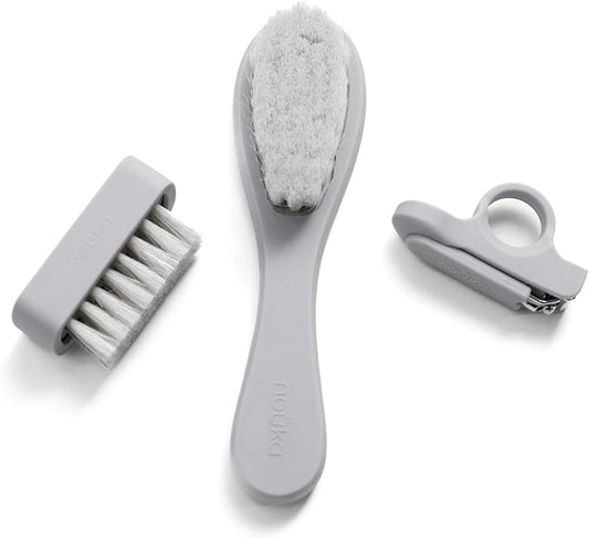 nouka Baby Care Kit Set | Ultra-Soft Natural Bristle Hair Brush, Nail Clippers & Nail Brush | Wood with Silicone Sleeve | Bloom