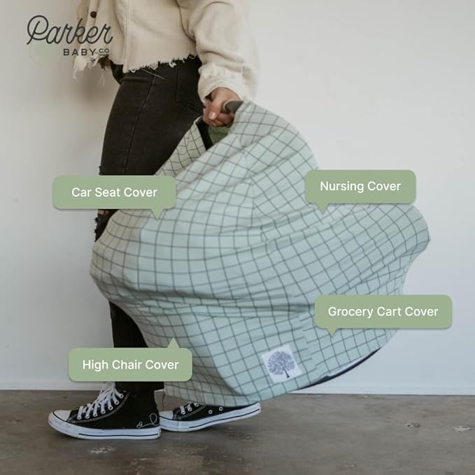 Parker Baby 4 in 1 Car Seat Cover for Girls and Boys - Stretchy Carseat Canopy, Nursing Cover, Grocery Cart Cover, High Chair Cover - “Sage/Pewter”