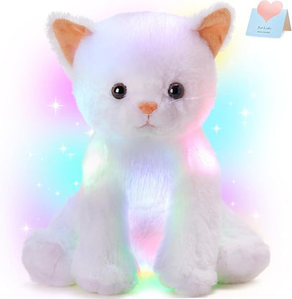 Houwsbaby Light up Cat Stuffed Animal LED Glowing Kitty Plush Toy Floppy Kitten Toy Night Lights Birthday Presents for Kids Toddler Girls, White 12''