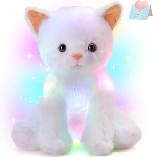 Houwsbaby Light up Cat Stuffed Animal LED Glowing Kitty Plush Toy Floppy Kitten Toy Night Lights Birthday Presents for Kids Toddler Girls, White 12''