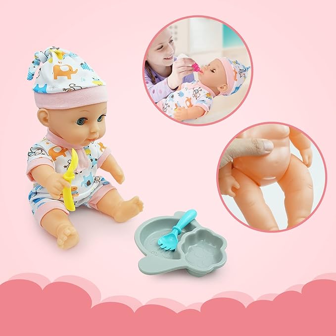 RedCrab 12" Baby Doll Toys Newborn Doll Bath and Bed 2-in-1 Shaker 25pcs Accessories 3+ Year