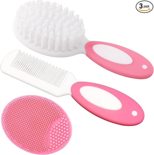 Baby Hair Brush, Cradle Cap Brush, Baby Hair Comb, Baby Hair Brush and Comb Set for Newborns & Toddlers, Baby Brush Soft Bristles, Ideal for Cradle Cap, Perfect Baby Registry Gift (Pink)