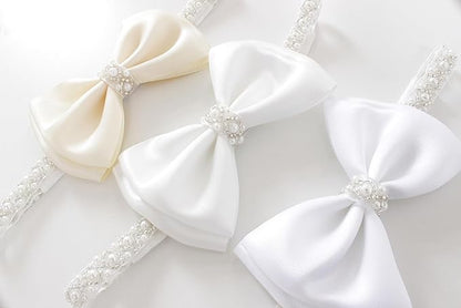 0-12 Newborn Baby Baptism Pearl Headband with Bow in WHITE Christening Headband with Satin Bow, Pearl Rhinestone Band (Peach(6-12Months) 6-12Months)