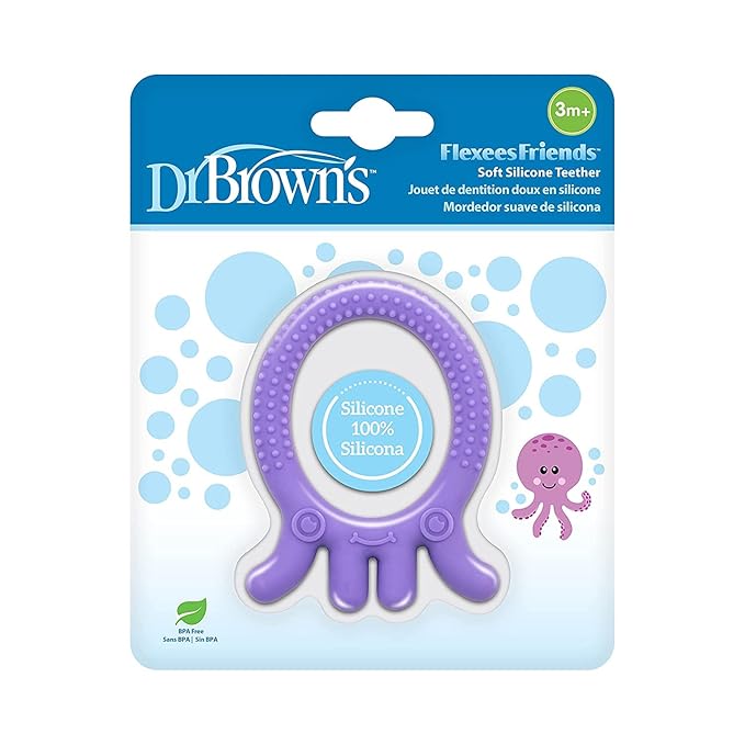 Dr. Brown's Flexees Friends Silicone Teether Purple Octopus Dr. Brown’s Flexees Beaded Teether Rings,100% Silicone Self-Soothe,3 Pack, 3m+