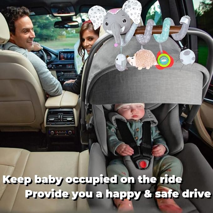 Baby Car Seat Toys, Hanging Stroller Toys for Baby 0-6 Months Infants Activity Spiral Toys with Musical Owl Rattles Hedgehog Beep Ladybug Squeaker - Gray Elephant Toys for Newborn Baby 0 3 6 12 Months