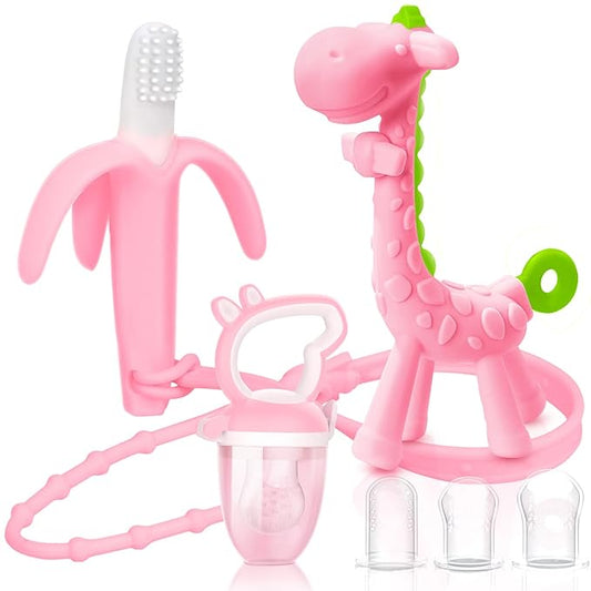 SHARE&CARE Baby Teething Toys for Girls and Natural Organic Fruit 1 Teethers 1 Feeder 3 Silicone
