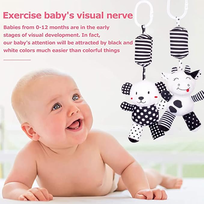 Baby Car Seat Toys, Black White Stroller Toy Stretch Baby Spiral Plush Toys, Hanging Rattle Toys for Crib Mobile, Newborn Sensory Toy Best Gift for 0 3 6 9 12 Months (Calf/Panda)