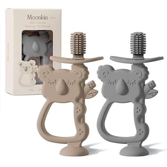 Moonkie Teething Toy Set of 2, Safe & Easy to Hold BPA Free Silicone Teethers 360Â° Baby 6-12 Months