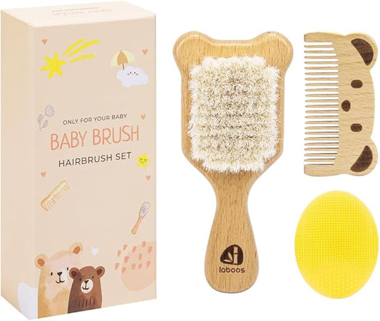 Baby Hair Brush and Comb Set for Newborns & Toddlers - Wooden Handle and Natural Soft Goat Bristles,Gentle Cradle Cap Care,Baby Massage and Scalp Brush,Ideal Baby Registry Gift,Beech with Cute Bear