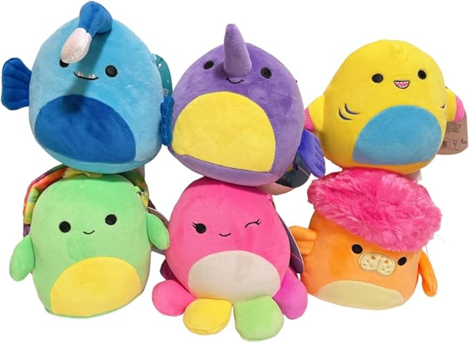 Squishmallows Neon Sealife 5" Plush Toys, Set of 6 Mini Dolls: Turtle, Fish, Shark