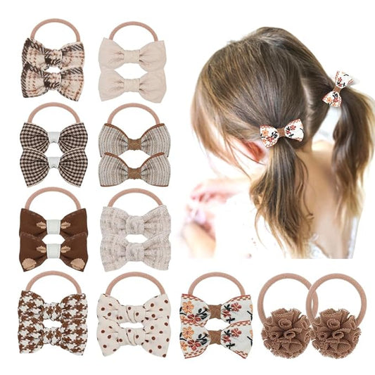 10 Pairs Baby Girl Bow Elastic Hair Ties Set, Tiny Hair Rings with Pom Pom
