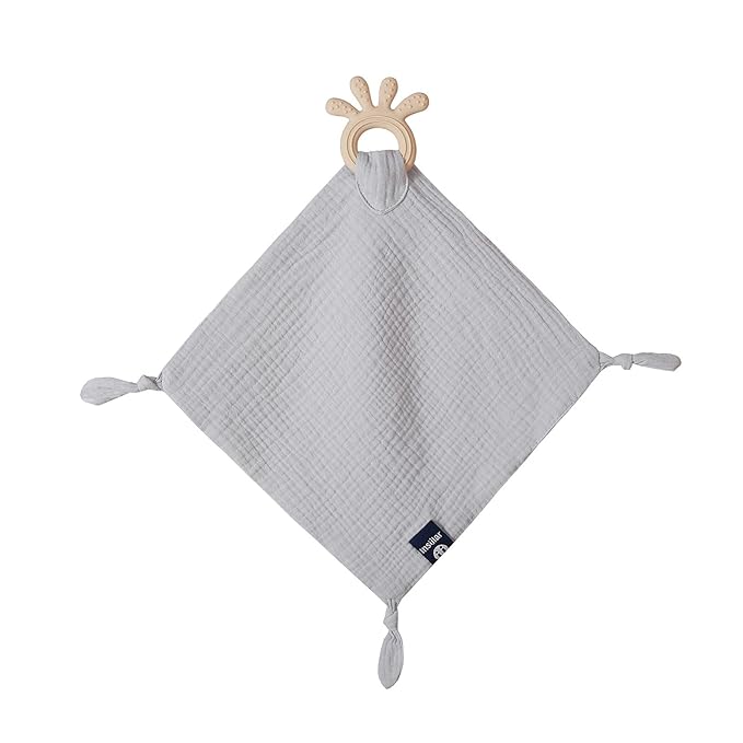 Baby Muslin Security Blanket with Food Grade Silionce Teether,Soothe Teething Toy for Boys and Girls 100% Polyester