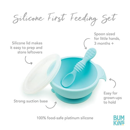 Bumkins Baby Bowl, Silicone Feeding Set with Suction for Baby and Toddler, Includes 4 Spoons and Lid, First Feeding Set, Training Essentials for Baby Led Weaning for Babies 4 Months Up, Blue