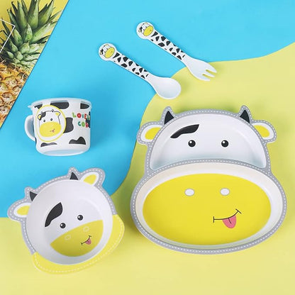 Bamboo Kids Dinnerware Set 5 Pcs Includes Plate Bowl Cup Fork Spoon Perfect for Kids BPA-Free (Cute Cow)