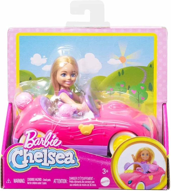 Barbie Chelsea Doll & Toy Car Set with Bear-Themed Convertible & Teddy Bear Accessory, Blonde Small Doll Wears Removable Skirt & Shoes