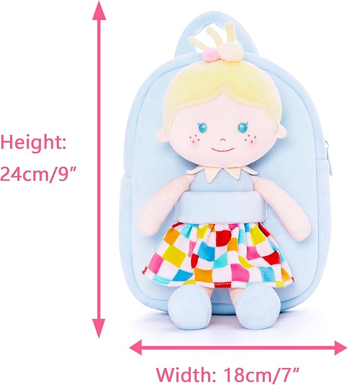 Onetoo Toddler Kids Backpack with Soft Baby Dolls in Plaid 9.5"