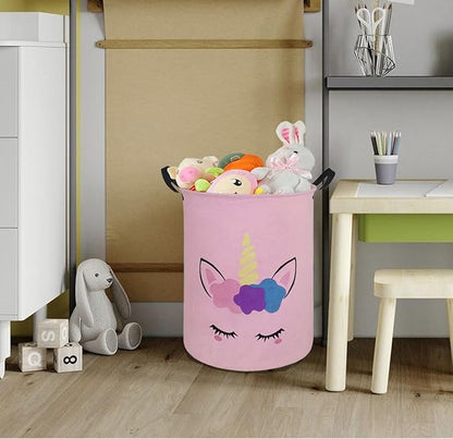 Round Pink Color Unicorn Pattern Laundry Hamper Storage Basket Organizer