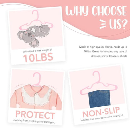 HOUSE DAY Plastic Baby Hangers for Closet 20 Pack, Durable Plastic Kids Hangers for Baby Clothes, Thin & Compact Childrens Hangers, Space Saving Pink Baby Hangers, Small Hangers for Kids Clothes