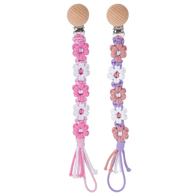 Pacifier Clip for Boys Girls Floral Daisy Macrame Baby Paci (2pack:Pink Daisy