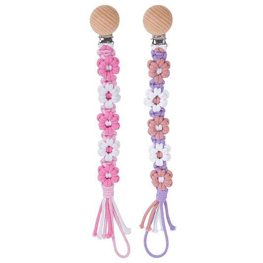 Pacifier Clip for Boys Girls Floral Daisy Macrame Baby Paci (2pack:Pink Daisy