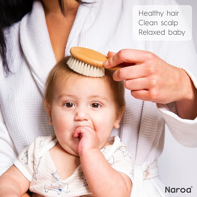 Naroa ® Natural Baby Hair Brush Soft | Safe Wooden Handle & Smooth Goat Bristles for Newborns Toddlers | Wood Styler for Scalp Health, Prevent Cradle Cap | Girl Boy Gift Registry