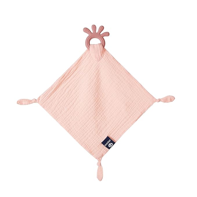 Baby Muslin Security Blanket with Food Grade Silionce Teether,Soothe Teething Toy for Boys and Girls 100% Polyester