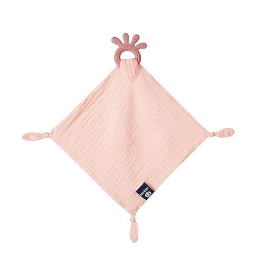 Baby Muslin Security Blanket with Food Grade Silionce Teether,Soothe Teething Toy for Boys and Girls 100% Polyester