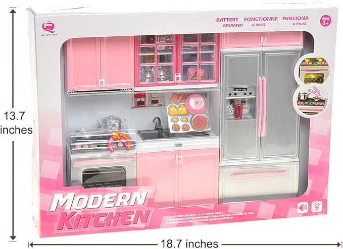 PowerTRC 2 Sets of Modern Toy Kitchen - Battery Operated - Kitchen Playset - Perfect for Dolls