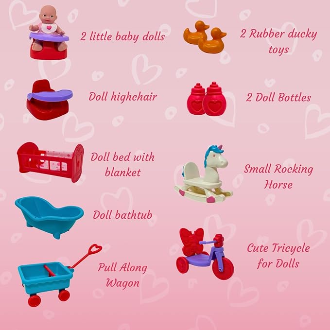 Mini Baby Doll Set, Small Baby Doll Playset with Mini Doll Accessories & 5 inch Doll Furniture 15pc Tiny