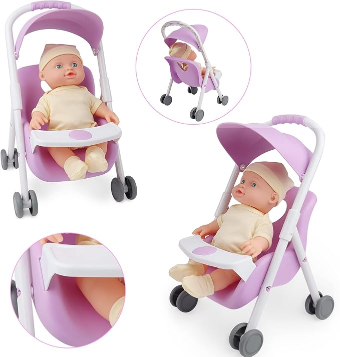 deAO Baby Doll Set Play Set includes Miniature Crib,Mobile High Chair Stroller 12PCS Baby 3+ Years