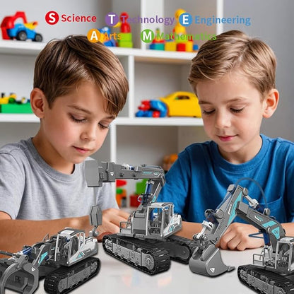 STEM Building Block Assembly Toy Set for Kids 8-12 Years Old - 3-in-1 Hydraulically Powered Construction Toy Including Excavator, Crane, and Timber Loader,Stem Toys for Age 8-12 Boys＆Girls