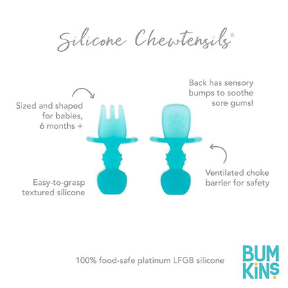 Bumkins Baby Utensils Set, Chewtensils Silicone Spoons for Dipping, Self-Feeding, Baby Led Weaning, Trainer Learning, First Stage Eating, Soft Practice Fork and Spoon, Babies 6 Months, Blue Jelly