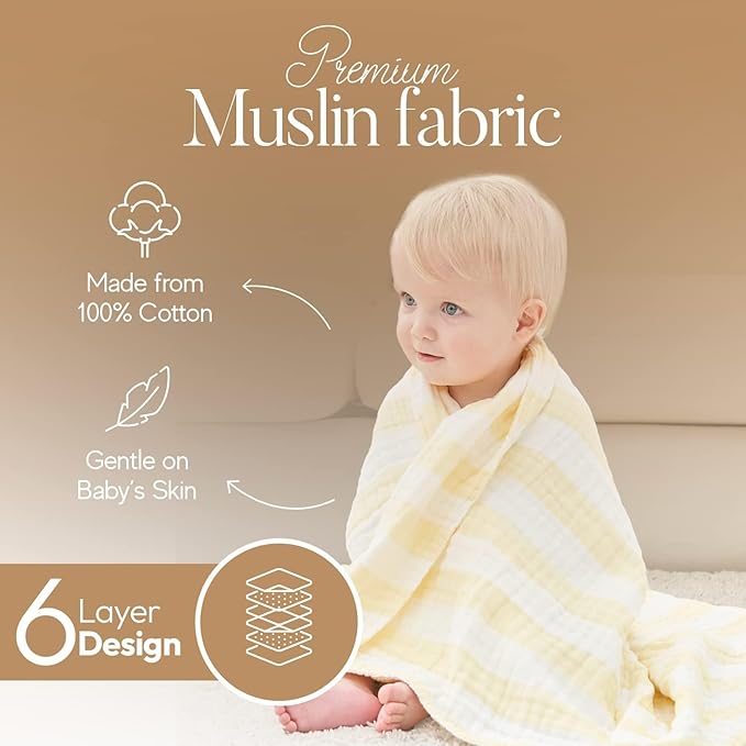 Muslin Baby Bath Towel Set, 2 Large Gauze Super Soft Baby Bath Towel and 3 Washcloths, 6 Layers Muslin Cotton Infant Blanket Suitable for Baby's Delicate Skin (Amsicotion)