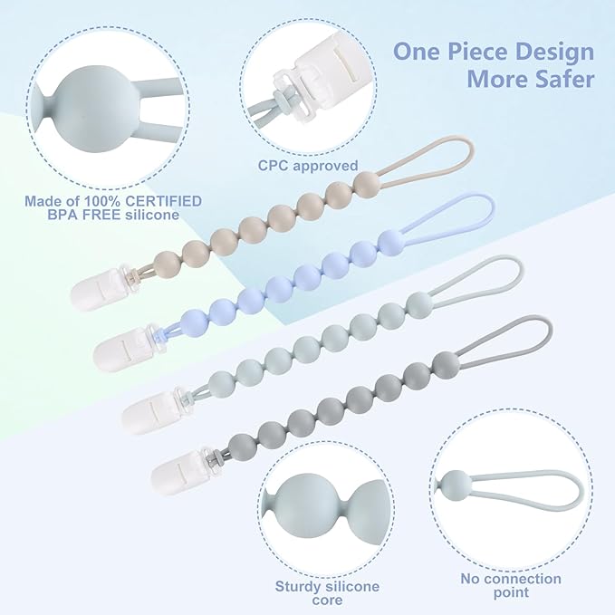 4-Pack Silicone Pacifier Clips for Baby Boys and Girls - with One-Piece Beads, Flexible and Rust-Free Holders for Teething Relief and Baby Essentials