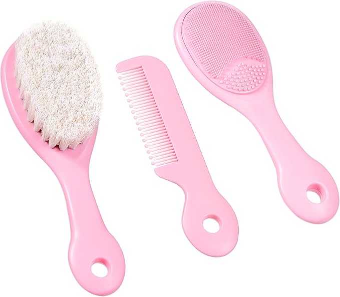 3 Piece Baby Hair Brush and Comb Set for Newborns and Toddlers (Pink)