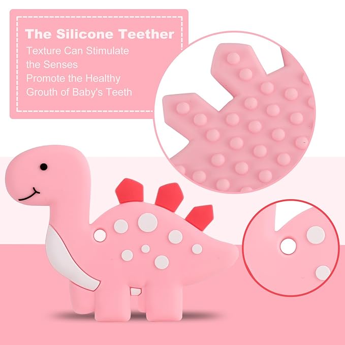 Baby Teething Toys, Dinosaur Teether Pain Relief Toy with One Piece Design Pacifier Clip Holder Set for Newborn Babies