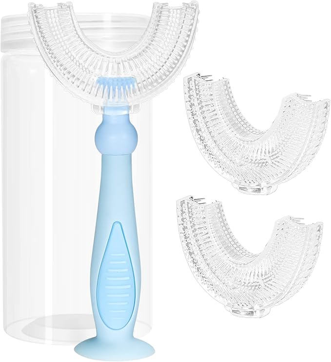 Kids Toothbrushes U Shaped with 3 PCS Soft Food Grade Silicone Heads for Toddler,Childrens, Full Mouth Tooth Brush for Age 2-6 Years Blue