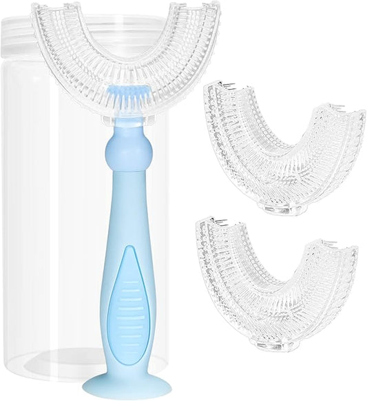 Kids Toothbrushes U Shaped with 3 PCS Soft Food Grade Silicone Heads for Toddler,Childrens, Full Mouth Tooth Brush for Age 2-6 Years Blue
