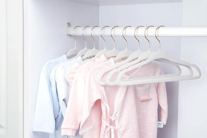 ManGotree Baby Velvet Hangers with 360° Swivel Rose Gold Hook, 10.95" Non-Slip Toddler Hangers, Ultra Thin Space Saving Infant Hangers for Kids Clothes, 15 Pack (White)