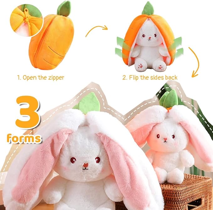 MIAODAM Cuddly Bunny Stuffed Animal, Kawaii Squishy Cute Easter Bunny Plush Turn Into Rabbit Fruit Doll Carrot Strawberry Pillow 10inch)